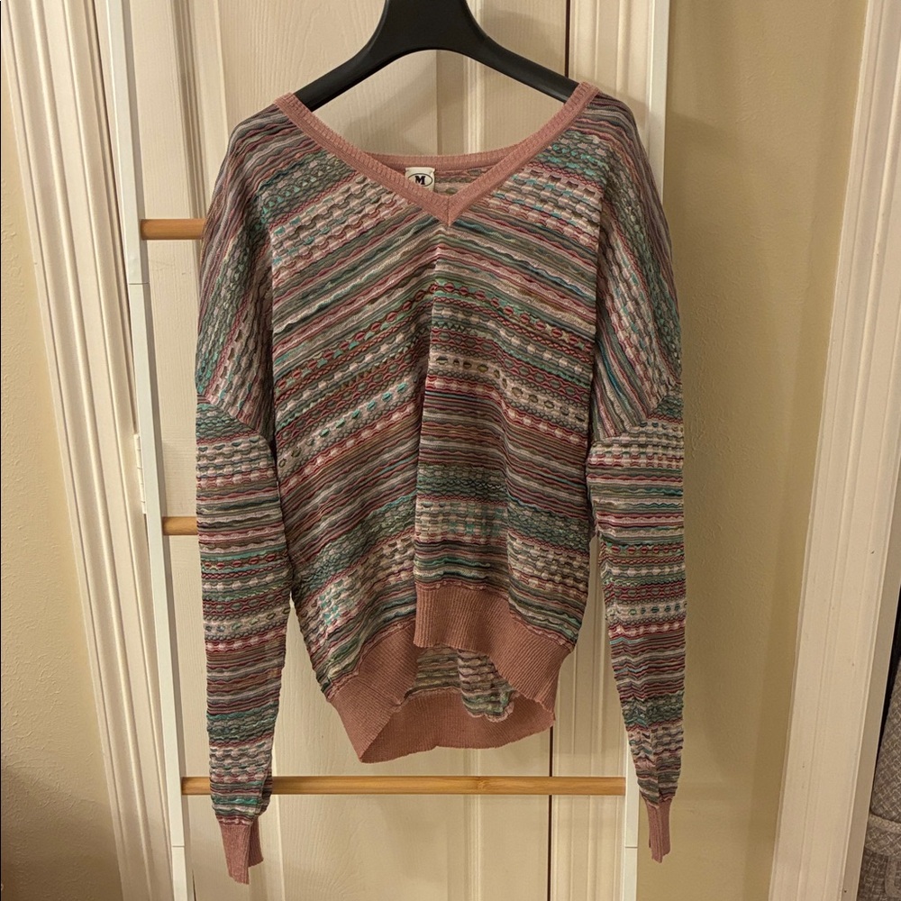 NWT M by Missoni Striped V-Neck Sweater in Pink, Green and Cream light weight